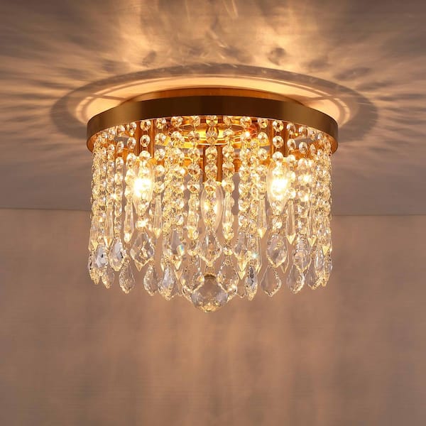C Cattleya 13 in. 3-Light Antique Brass Finish Crystal Flush Mount Ceiling Light