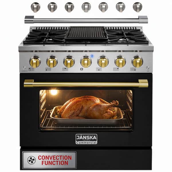 36 in. 5.2 cu. ft. Gas Range with 6-Burners, Convection Oven, Griddle, and 2-Sets of Knobs and Handle in Matte Black