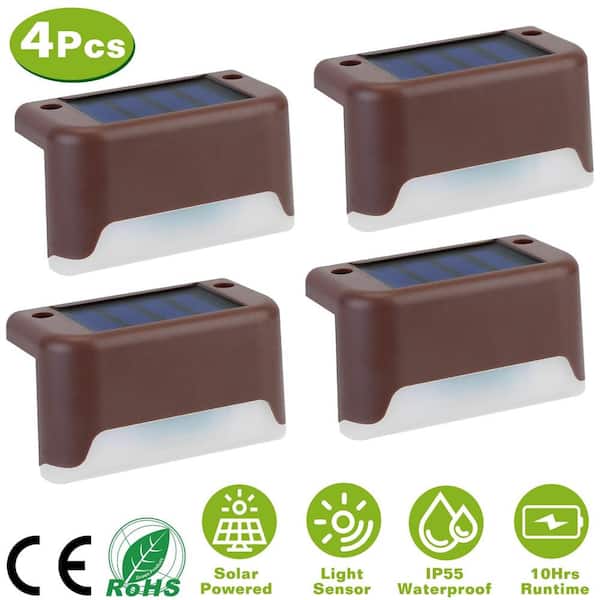 Etokfoks 4-Piece Solar Powered Brown Waterproof LED Stair Light with Dusk To Dawn Sensor