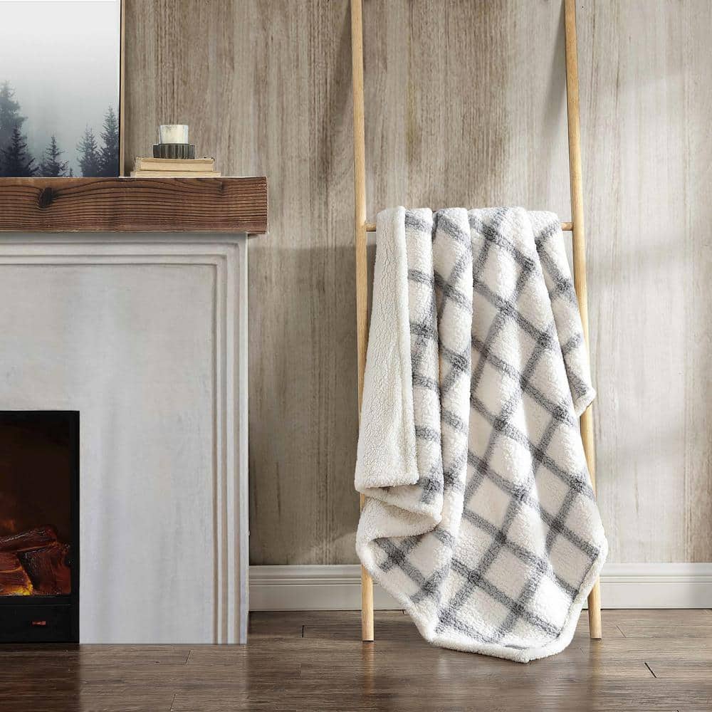Gray and White Plaid Reversible Sherpa Throw Blanket