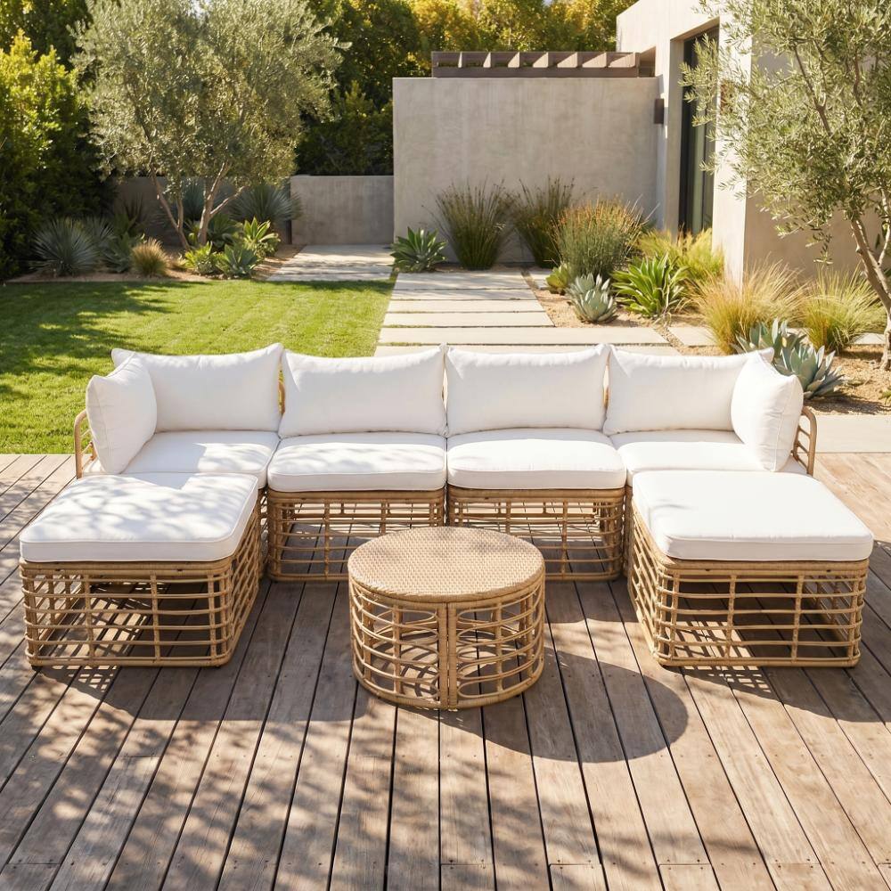 7-Piece Brown Wicker Outdoor Patio Conservation Sectional Sofa Set with Removable Beige Cushion