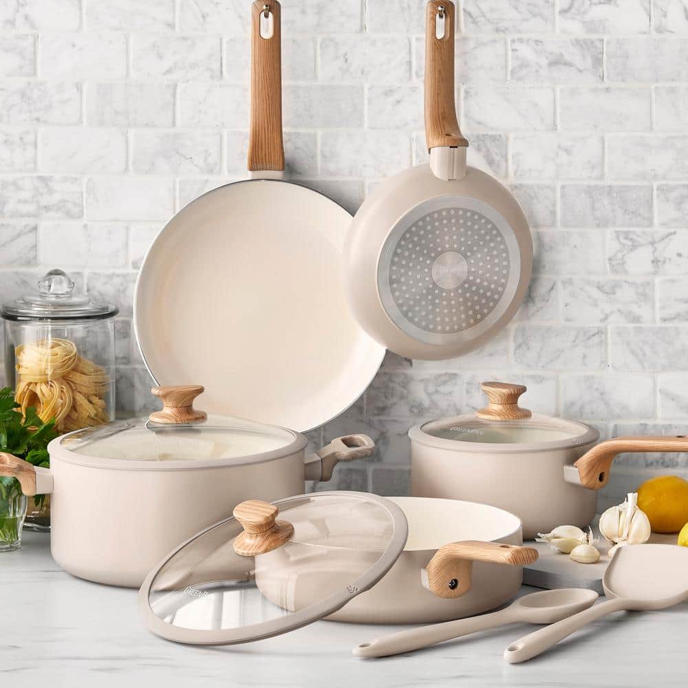 Taupe Aluminum 10-Piece Nonstick Ceramic Cookware Set