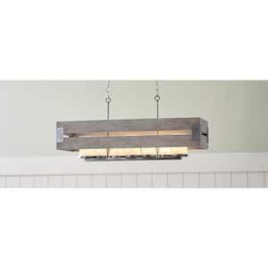 Ackwood 7-Light Grey Wood Rectangular Chandelier with White Opal Glass Shades