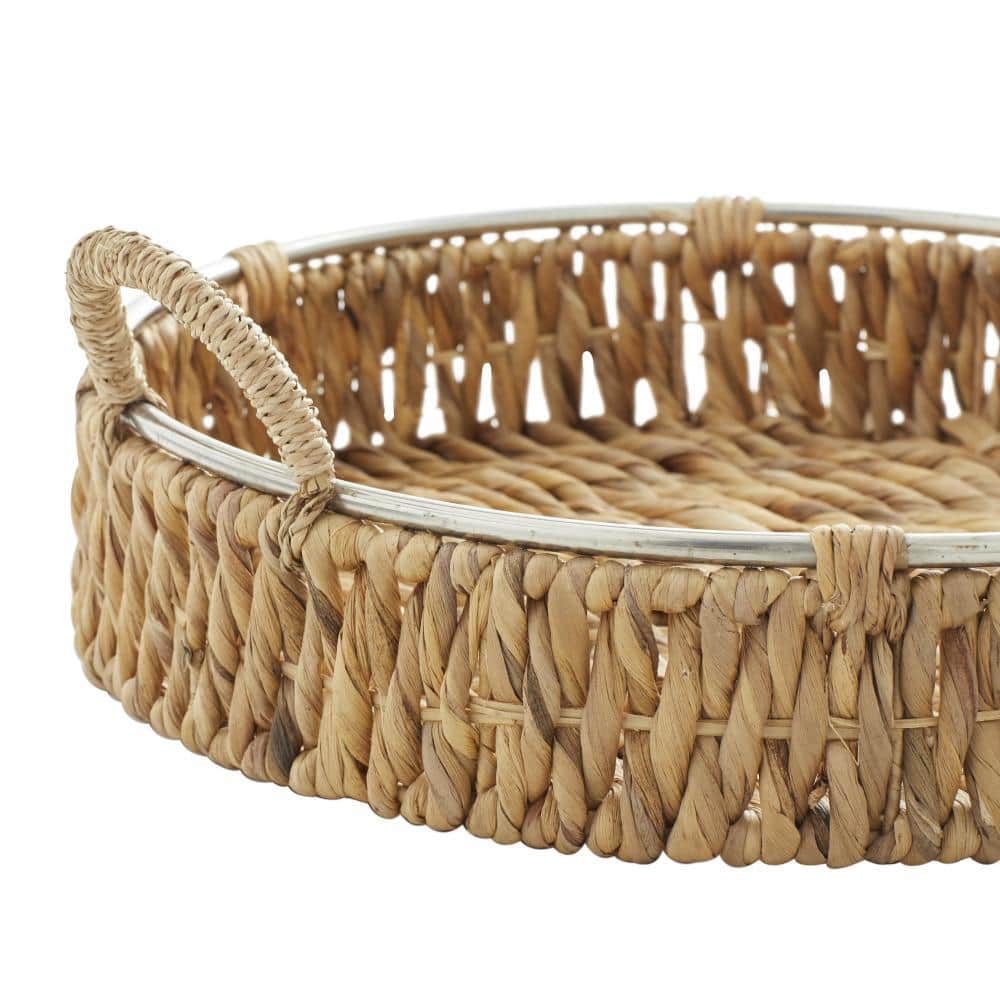 20" Round Natural Seagrass Woven Storage Basket Set with Metal Ring Handles