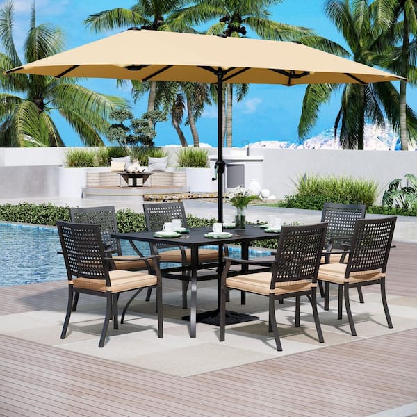 berke 8 piece patio set with umbrella and cushions KOTEK Outdoor Dining for 8, Wicker Dining Table Chairs Set & 2'' Hole, 9 Pcs PE Rattan Patio Furniture Set for Garden, Deck, Backyard (Navy) The patio dining set includes 13ft beige patio umbrella Resenkos 8 Pieces Patio Furniture