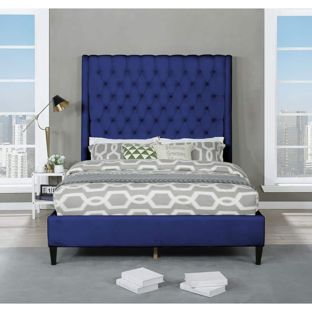 Elegant Navy Blue Velvet Queen Platform Bed with Nailhead Trim