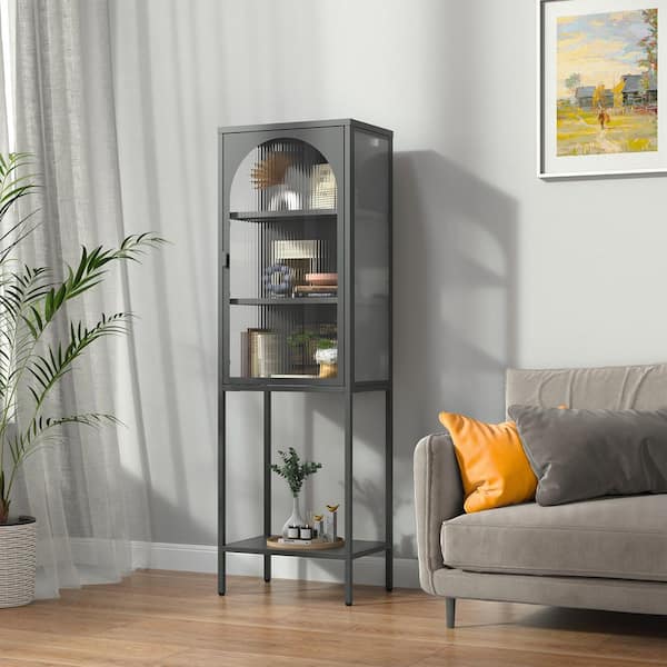 Glamour Home Benoît 62.99 in. Tall" Black Steel Metal 3-Shelf One Door Storage Cabinet Bookcase with Fluted Clear Door