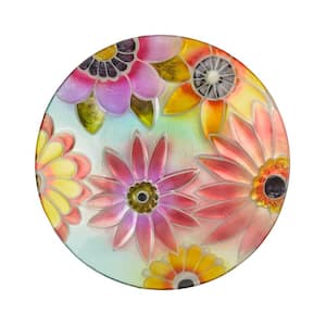 18 in. Round Outdoor Birdbath Bowl Topper with Colorful Painted Flowers Design