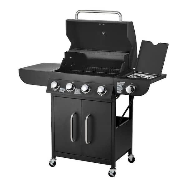 Gas Grill, Portable, Propane and Grill in Black with Side Burner, 425 sq. in. Carbon Steel Enamel Grates