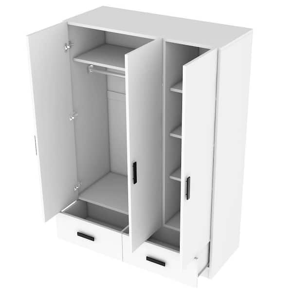 Nestfair 3-Door White Wood 47.2 in. Wardrobe Closet with 2-Drawers