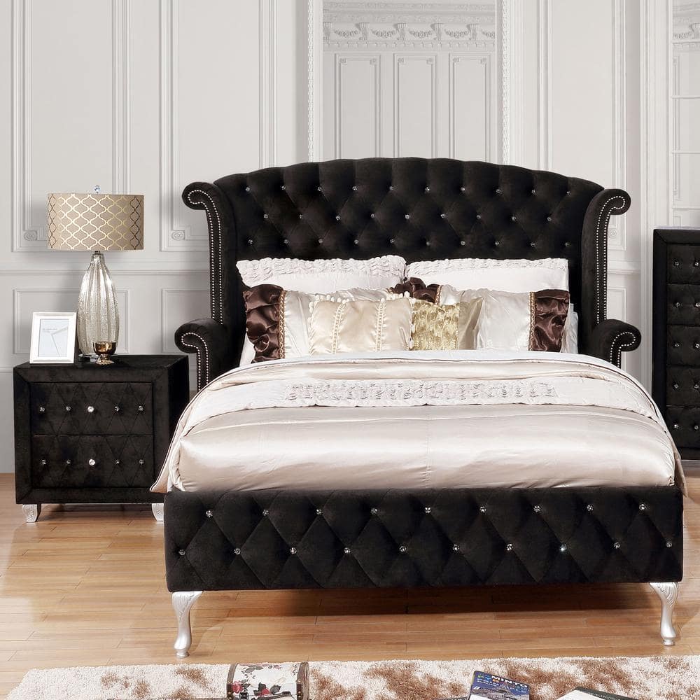 Furniture of America Nealyn 2-Piece Glam Black Upholstered Wood Queen ...