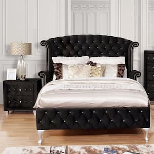 Nealyn 2-Piece Glam Black Upholstered Wood Queen Bedroom Set with Nightstand