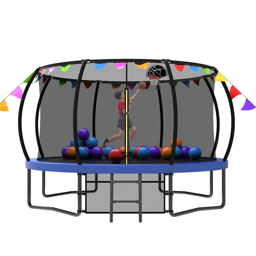 Lorien 12 ft. Outdoor Recreational Pumpkin Trampoline for Kids with Safety Enclosure Net, Ladder and flag parts, Blue