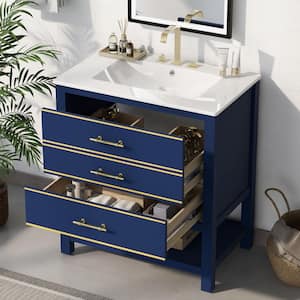 30 in. W x 18 in. D x 34 in. H Single Sink Freestanding Bath Vanity in Blue with White Ceramic Top and 2-Drawers