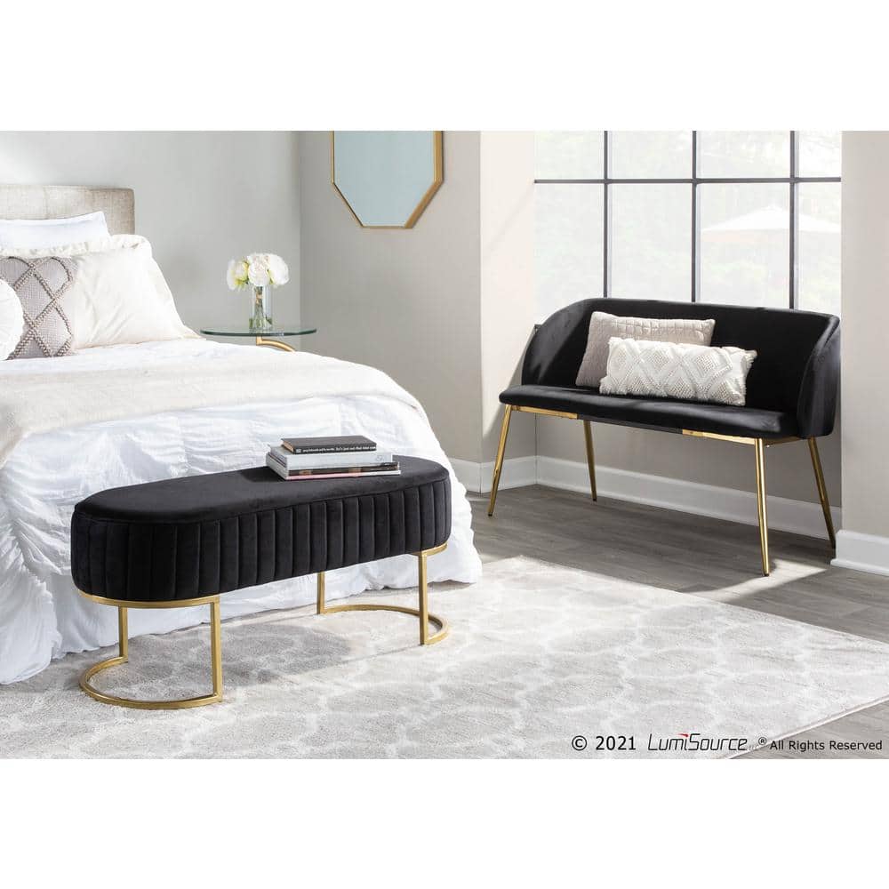 46" Black Velvet and Gold Steel Glam Bench