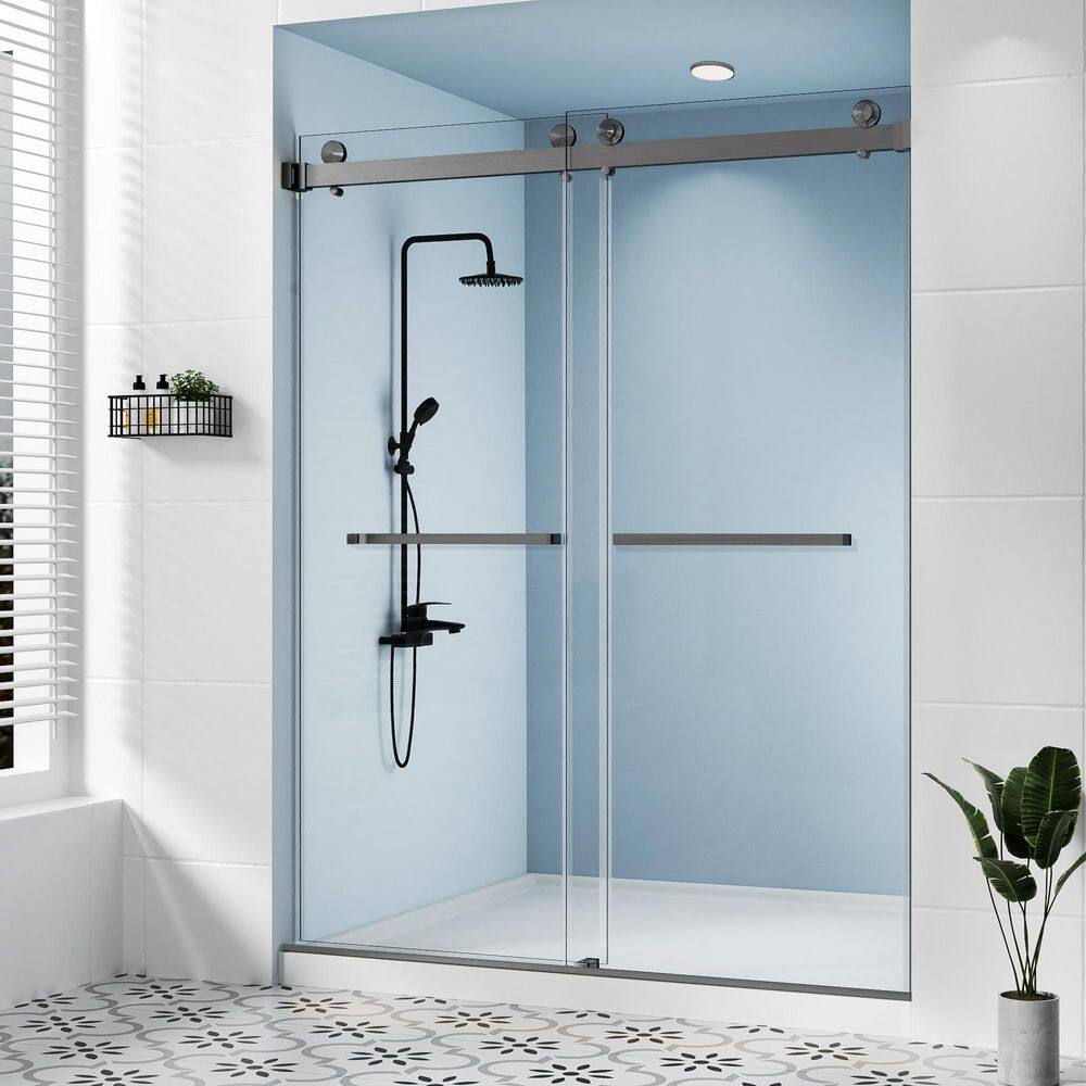68-73 in. W x 76 in. H Double Sliding Frameless Shower Door in Gungray with 3/8 in. Clear Tempered Glass, 2-Towel Bars price history on PriceWatchPro