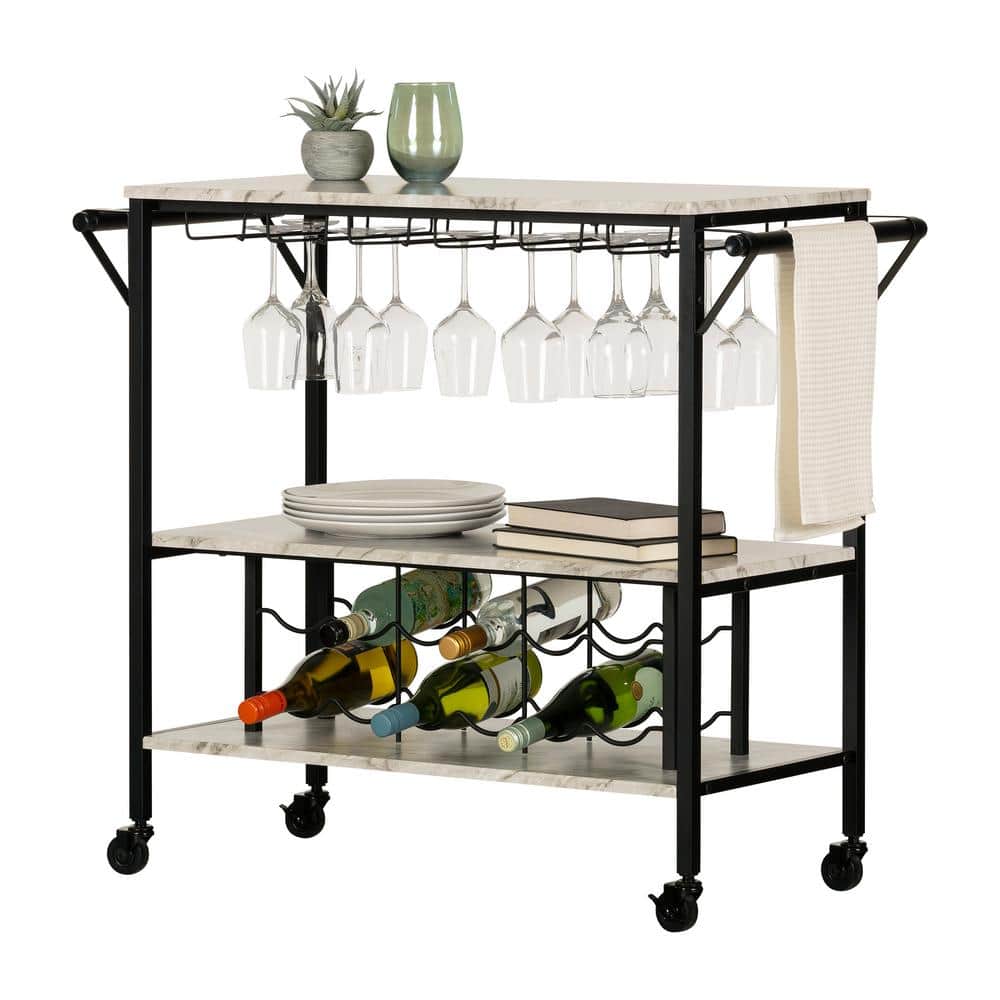 Black Faux Marble Rectangular Bar Cart with Wine Rack