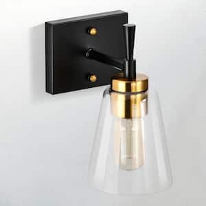 Briarwood 1-Light Black and Antique Brass Indoor Wall Sconce with Clear Cone Glass Shade