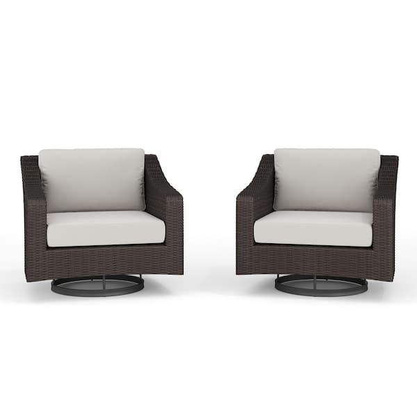 Bedford Set of 2 Indoor-Outdoor Patio Chairs in Brown Rattan Wicker with 360° Swivel and Tan All-Weather Cushions