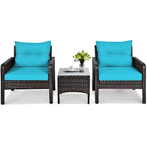 Brown 3-Pieces Wicker Outdoor Patio Conversation Set with Turquoise Cushions