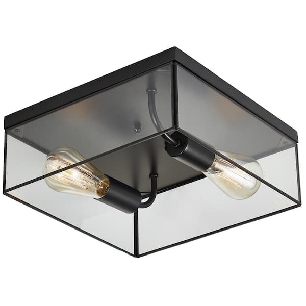 KAWOTI 12 in. 2-Light Matte Black Farmhouse Open Cage Flush Mount Ceiling Light