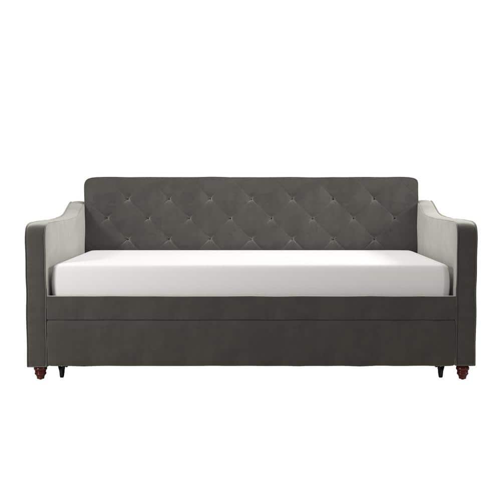 Twin Gray Velvet Upholstered Daybed with Tufted Backrest