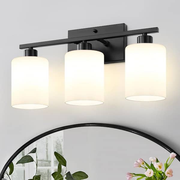 19 in. 3-Light Black Vanity Light with White Glass Shades