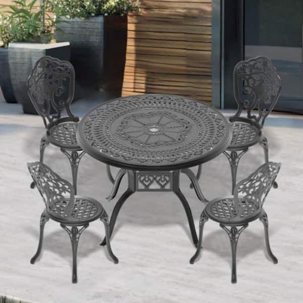 5-Piece Aluminum Outdoor Dining Set, Black Patio Dining Furniture Set with Umbrella Hole