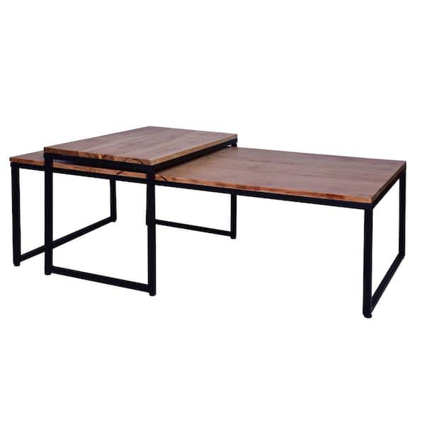 THE URBAN PORT 24 in. Brown and Black Rectangular Wood Nesting Coffee and End Table Set with Sled Metal Base (Set of 2)