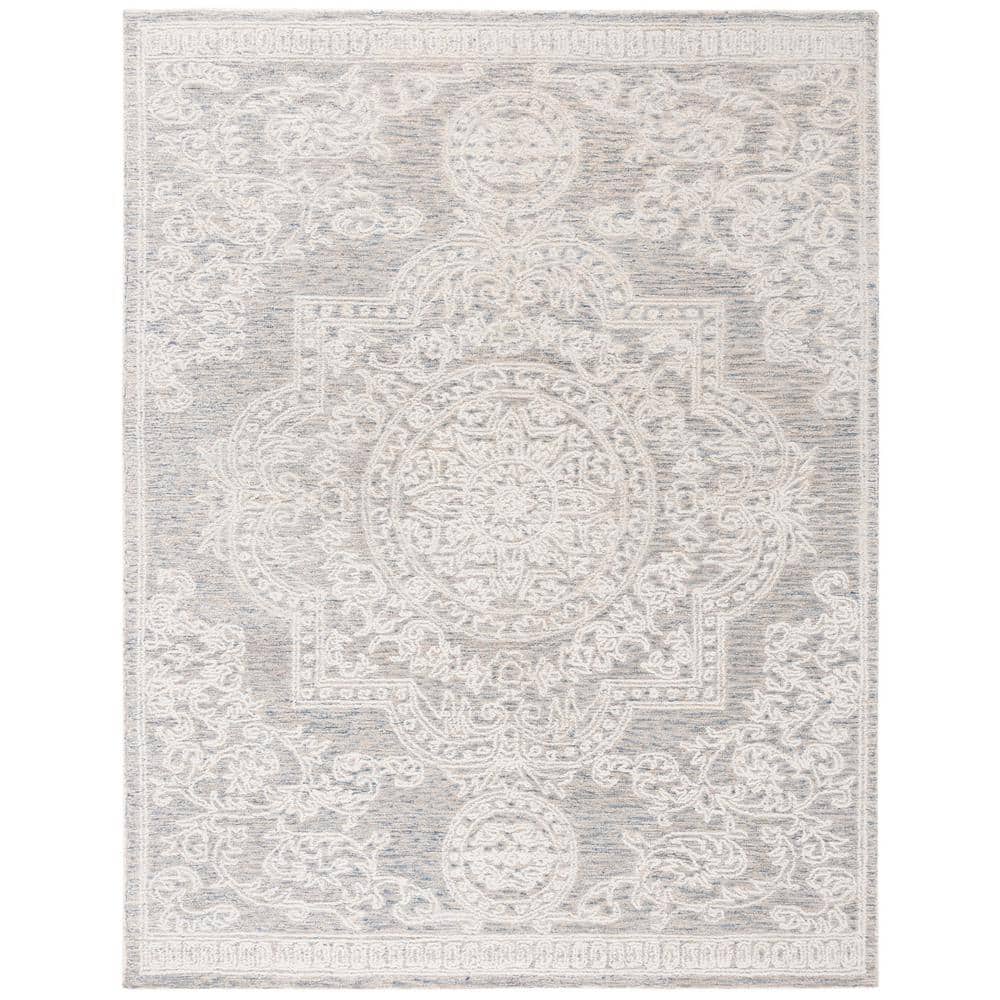 Ivory and Blue Handmade Wool Abstract Tufted Area Rug, 8' x 10'