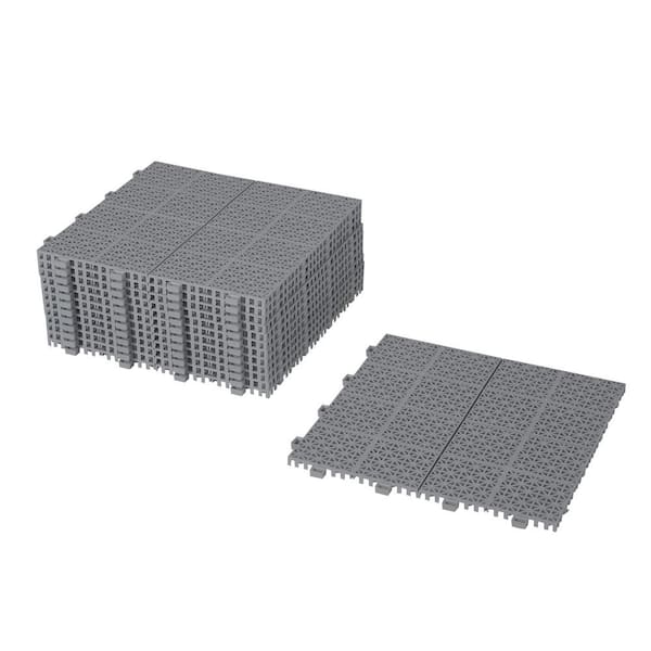 FIROMO 12 in. x 12 in. Plastic Gray Rosette Pattern Interlocking Floor Outdoor Patio Deck All-Weather Tiles (12-Pack)