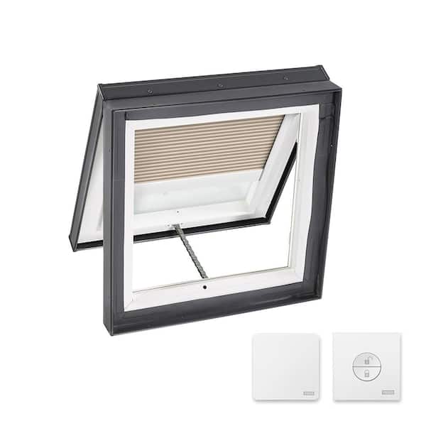 VELUX 22-1/2 in. x 22-1/2 in. Venting Curb Mount Skylight w/ Tempered Low-E3 Glass & Beige Solar Powered Room Darkening Blind