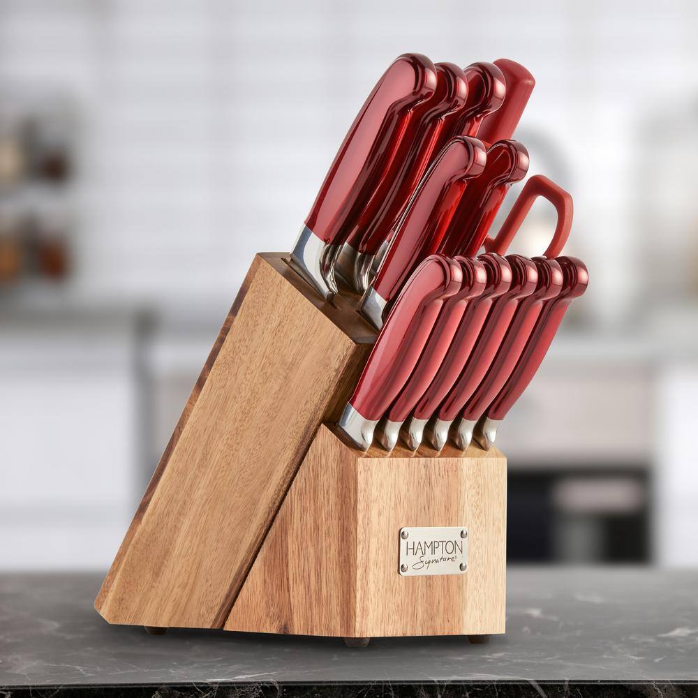 Rorik 14-Piece Red Stainless Steel Knife Block Set with Acacia Wood