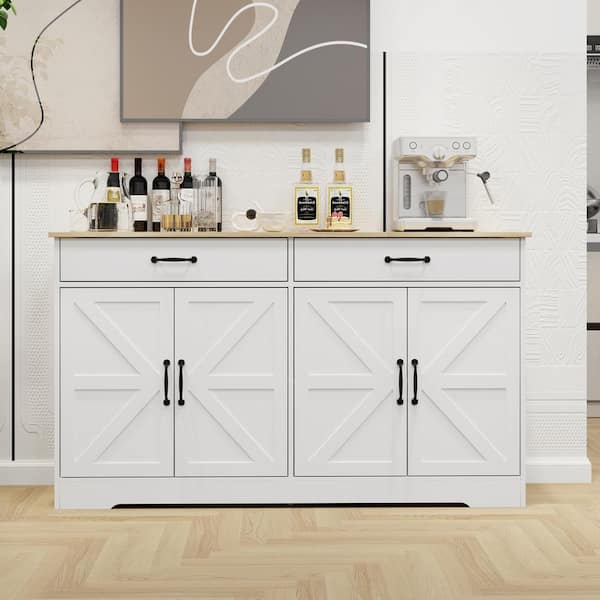 FUNKOL 55.91inx15.75inx32.09in MDF Ready to Assemble Kitchen Cabinet in White with 2 Drawers and 4 Doors with X