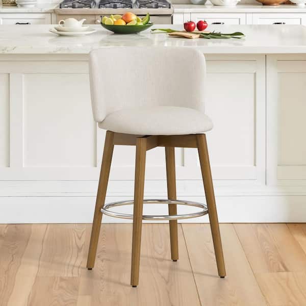 34.5 in. PTLK Beige Fabric 360° Swivel Solid Wood Frame High Back Bar Stool Metal Footrest Counter Height Stool Set of 1