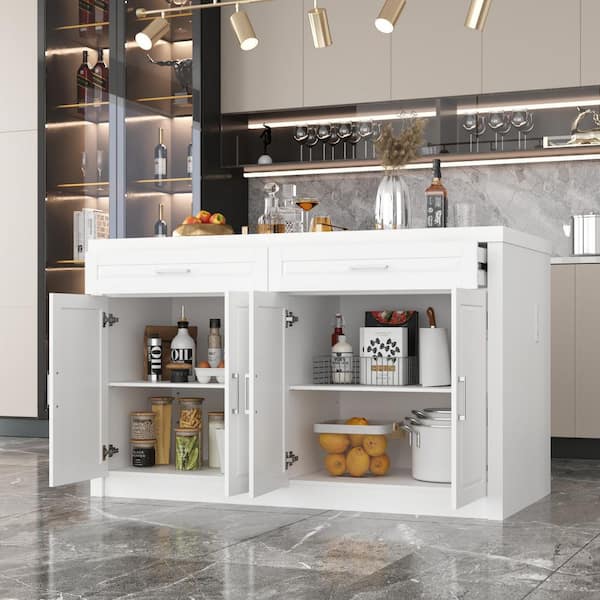 Luxury White Wood 61 in. W Kitchen Island Dining Bar Table with Marble Wood Grain Countertop and Built-in Power Outlets