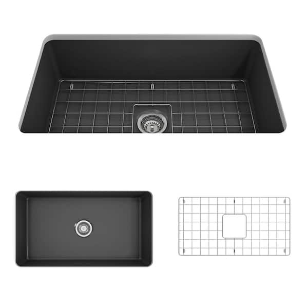 BOCCHI Sotto Undermount Fireclay 32 in. Single Bowl Kitchen Sink with Bottom Grid and Strainer in Matte Dark Gray