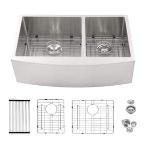 33 in. Farmhouse/Apron-Front Double Bowl (60/40) 16 Gauge Brushed Nickel Stainless Steel Kitchen Sink with Bottom Grids