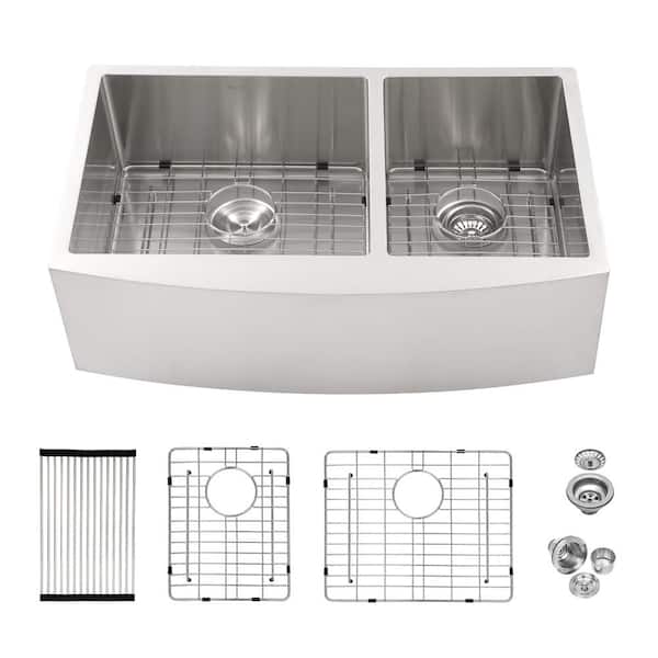 Staykiwi 33 in. Farmhouse/Apron-Front Double Bowl (60/40) 16 Gauge Brushed Nickel Stainless Steel Kitchen Sink with Bottom Grids