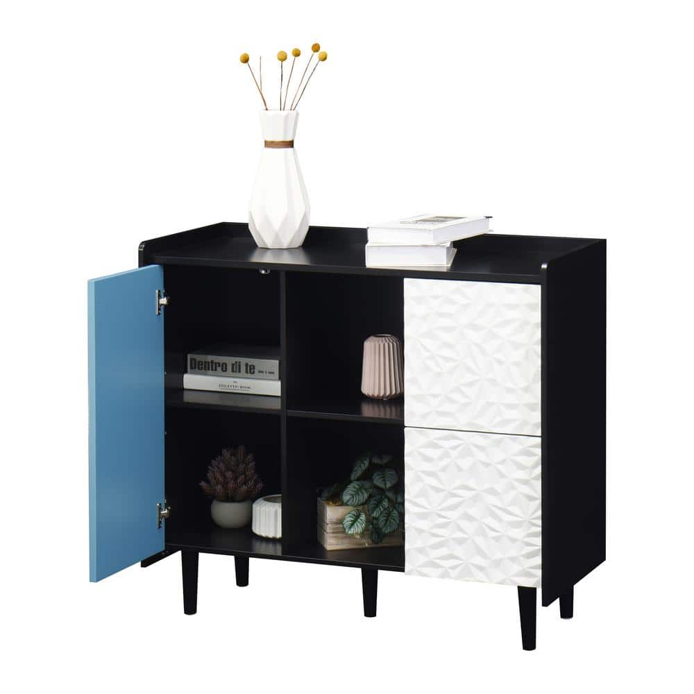 Blue Modern Wood Pantry Organizer, Sideboard Buffet Cabinet with Red Doors,