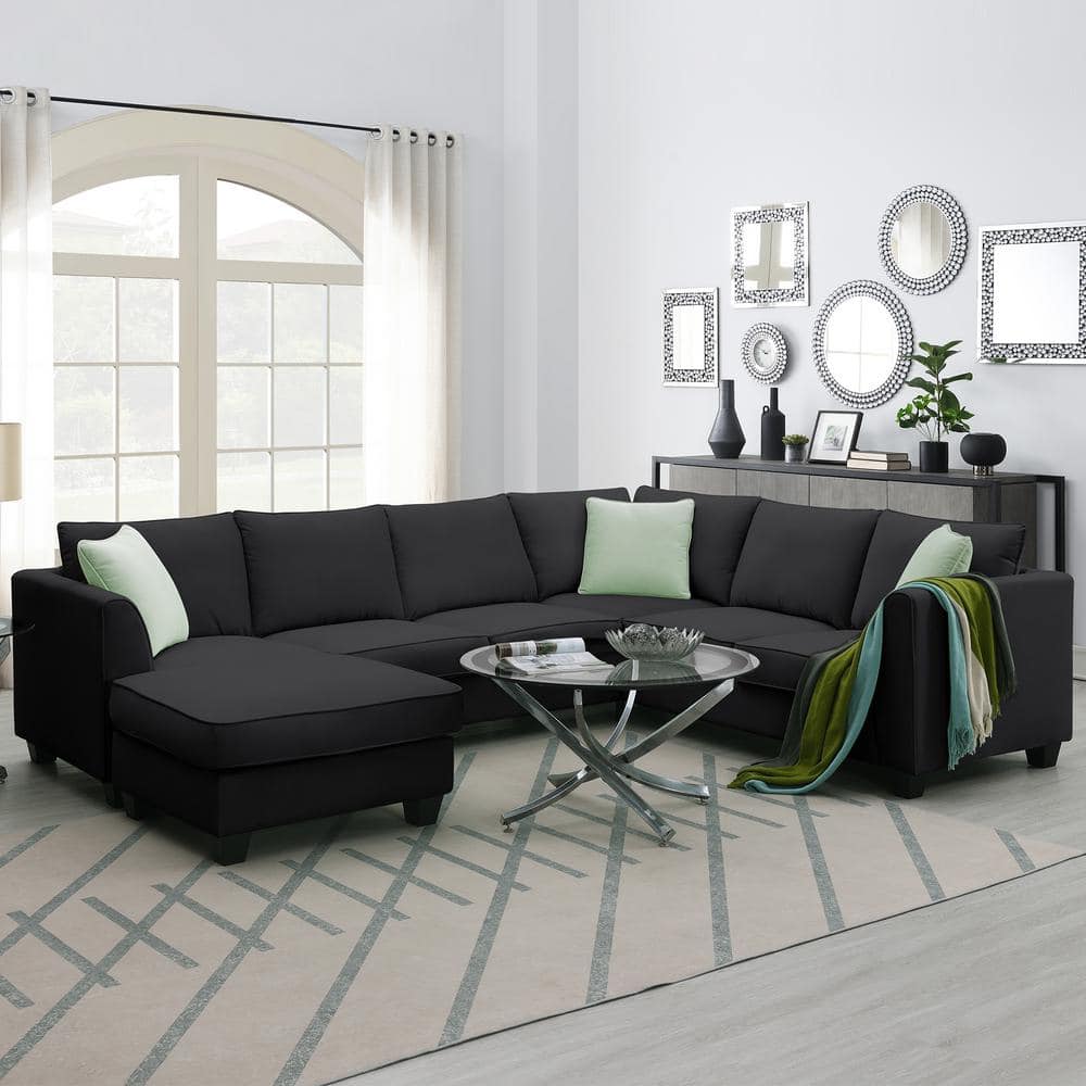Zeus & Ruta 112 in. W Polyester Modular L-Shaped Sectional Sofa in Black  with Ottoman XB327-SDT-1 - The Home Depot