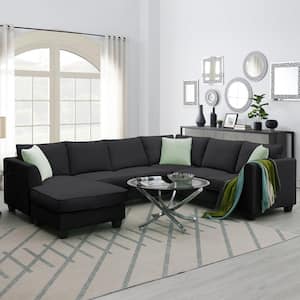 112 in. W Polyester Modular L-Shaped Sectional Sofa in Black with Ottoman
