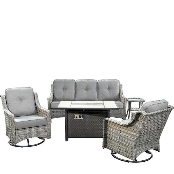 Eureka Gray 5-Piece Wicker Outdoor Patio Conversation Sofa Chair Seating Set with Metal Fire Pit and Dark Gray Cushions