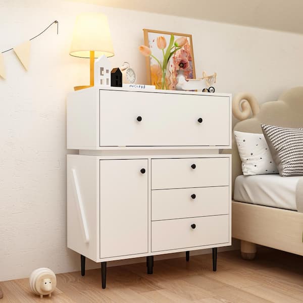 FUFU&GAGA 4-Drawer White Nightstands Side Table with Robot Shape and Metal Legs, 31.5 in. W x 15.7 in. D x 38.6 in. H