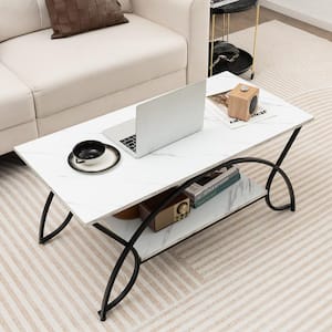 39.5 in. White Rectangle Particle Board Industrial Coffee Table Cocktail Table with Storage Shelf 2-Tier