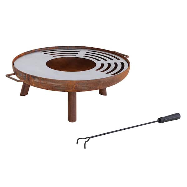 Sunjoy 28 in. Outdoor Fire Pit Steel Rustic Patio Wood Burning Fire Pit with Stainless Steel Baking Sheet and Fire Poker