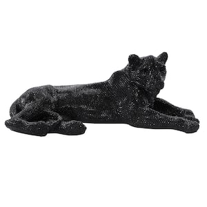 Black Polystone Floor Leopard Sculpture with Carved Faceted Diamond Exterior