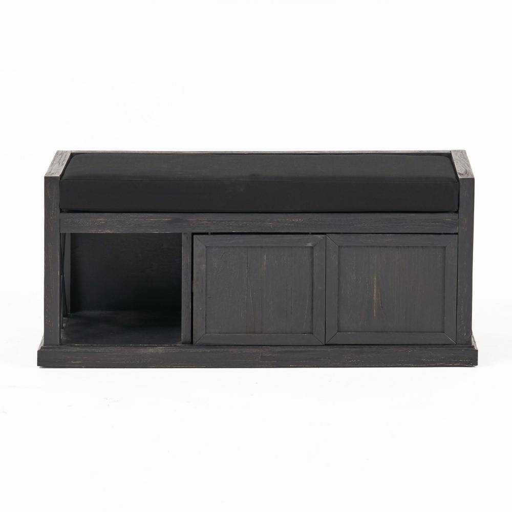 Sandblast Dark Gray Acacia Wood Storage Bench with Black Cushion