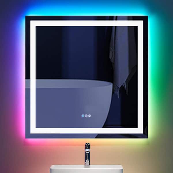 UPIKER 36 in. W x 36 in. H Square Frameless LED Anti Fog Backlit and Front Lighted Wall Bathroom Vanity Mirror in RGB