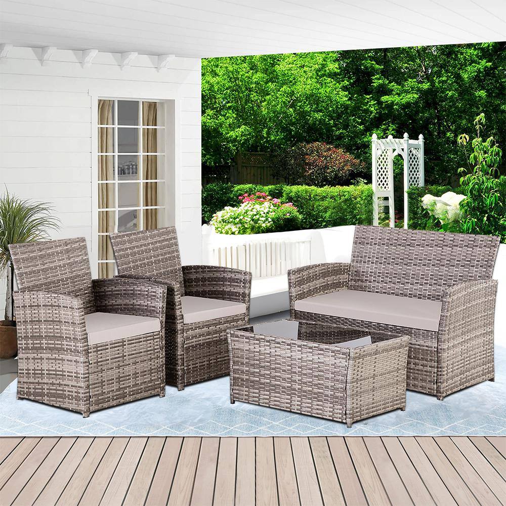 4-Piece Gray Wicker Outdoor Patio Conversation Sofa Set with Gray Cushions 